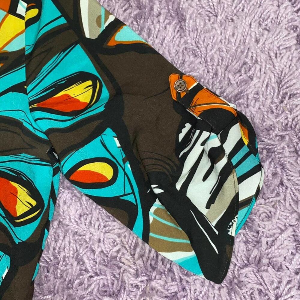 M Milano Brown Abstract Boho Half 3/4th Sleeve V Neck Work Career Blouse Top - Picture 12 of 12